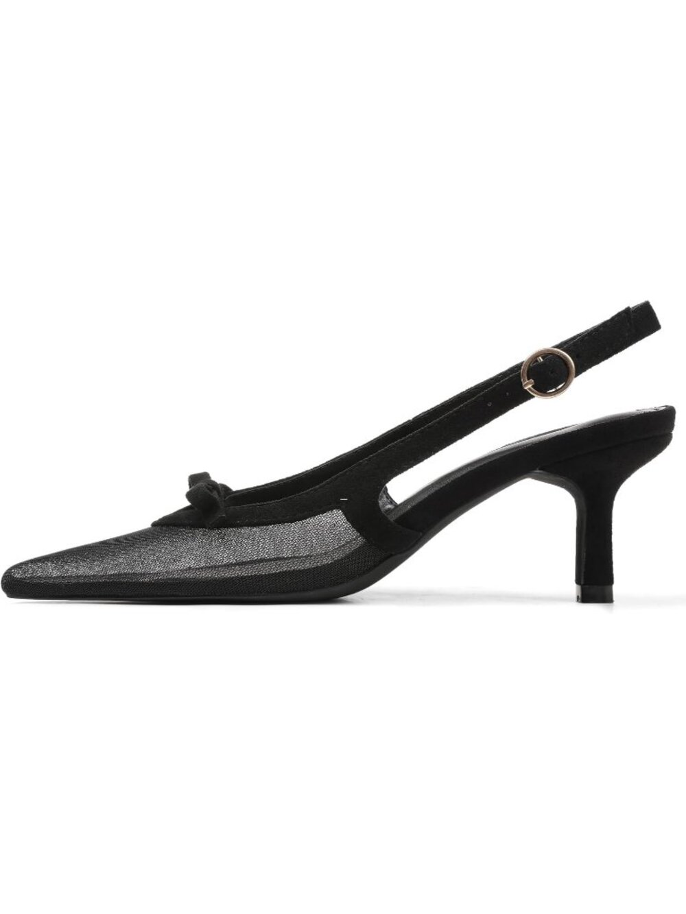 Women Black Mesh Bow Ankle Strap Pointed Toe Slingback Buckle Kitten Pumps Heels